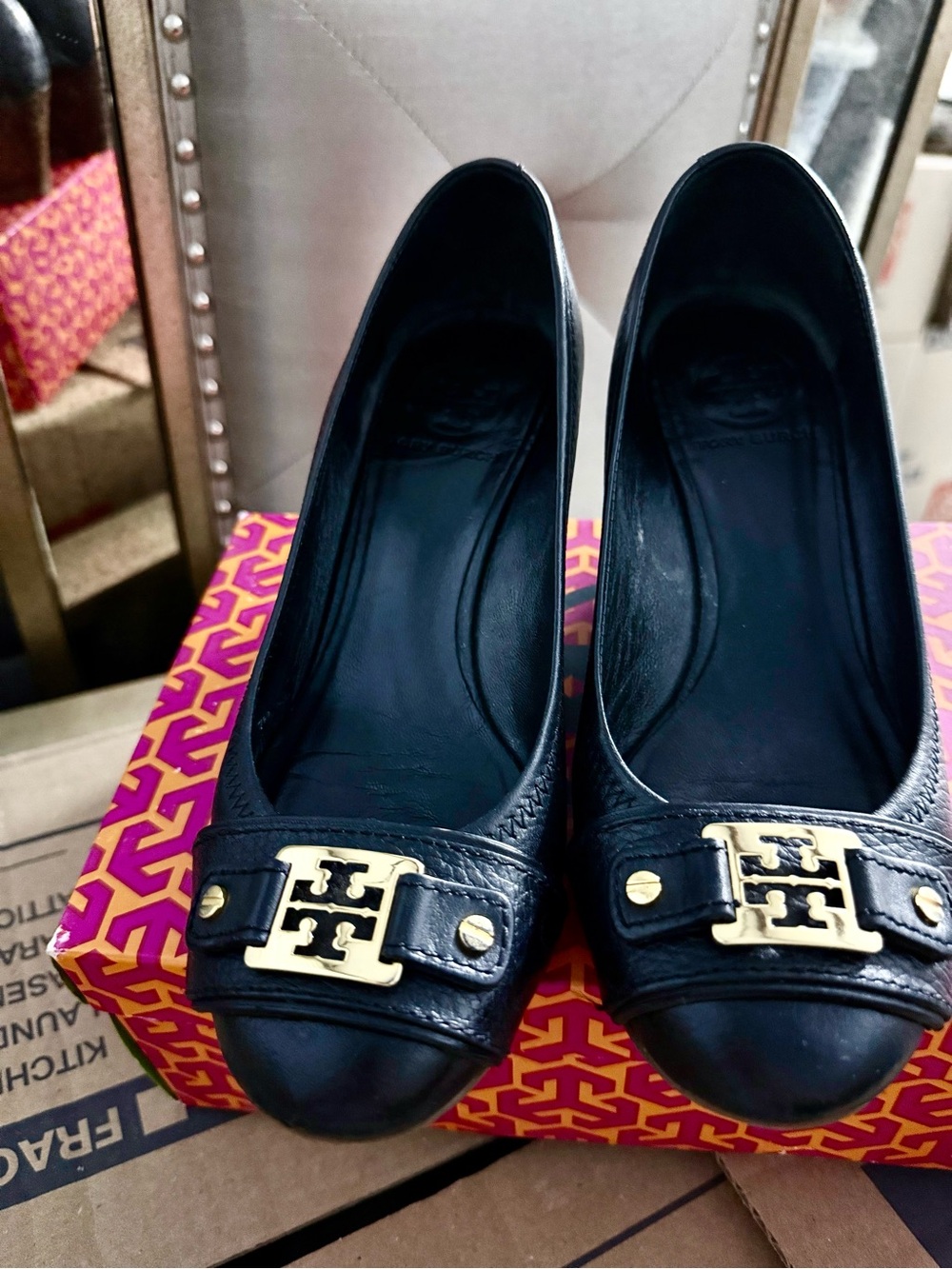 Tory Burch Black Leather Logo Ballet Wedges heels Size 7